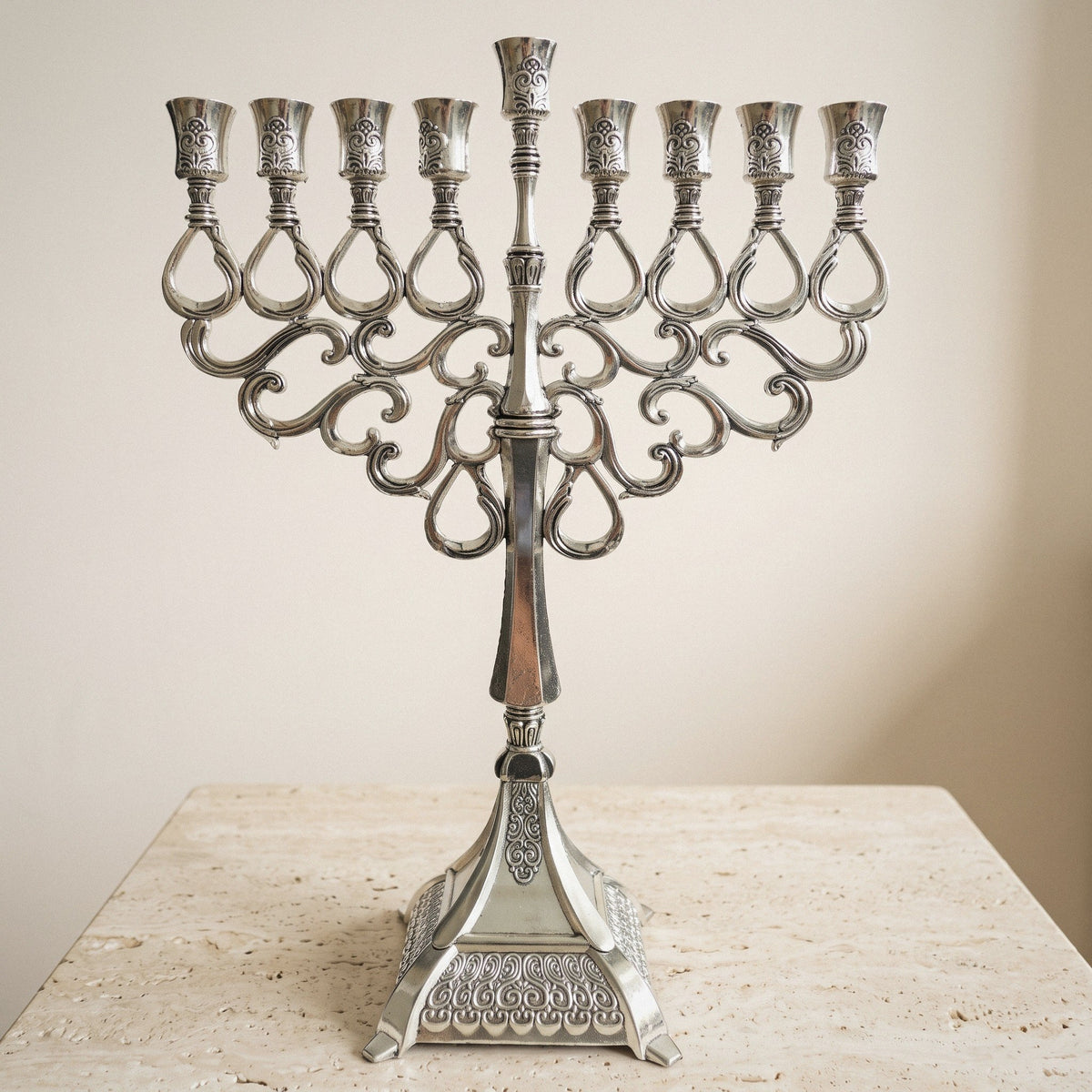 Grand Silver-Tone Hanukkah Menorah, Ornate Cast Design, 40 cm Tall