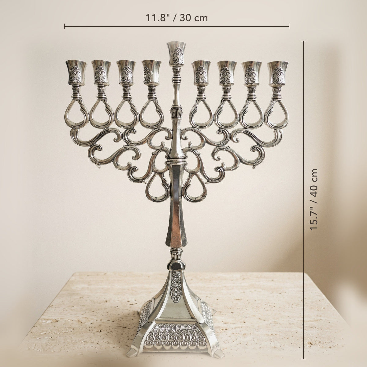 Grand Silver-Tone Hanukkah Menorah, Ornate Cast Design, 40 cm Tall - size and dimensions