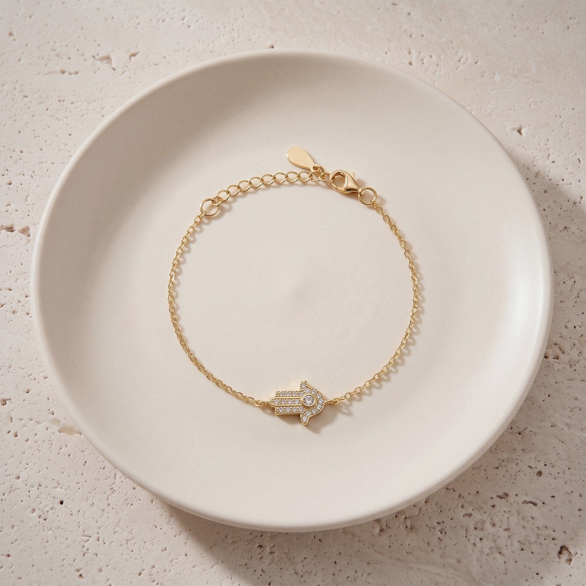Hamsa Bracelet in 925 Sterling Silver, Pavé Cubic Zirconia Charm - Gold