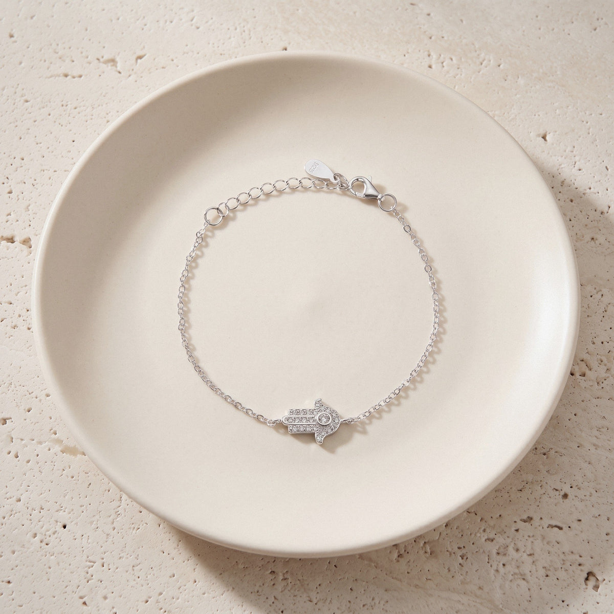 Hamsa Bracelet in 925 Sterling Silver, Pavé Cubic Zirconia Charm