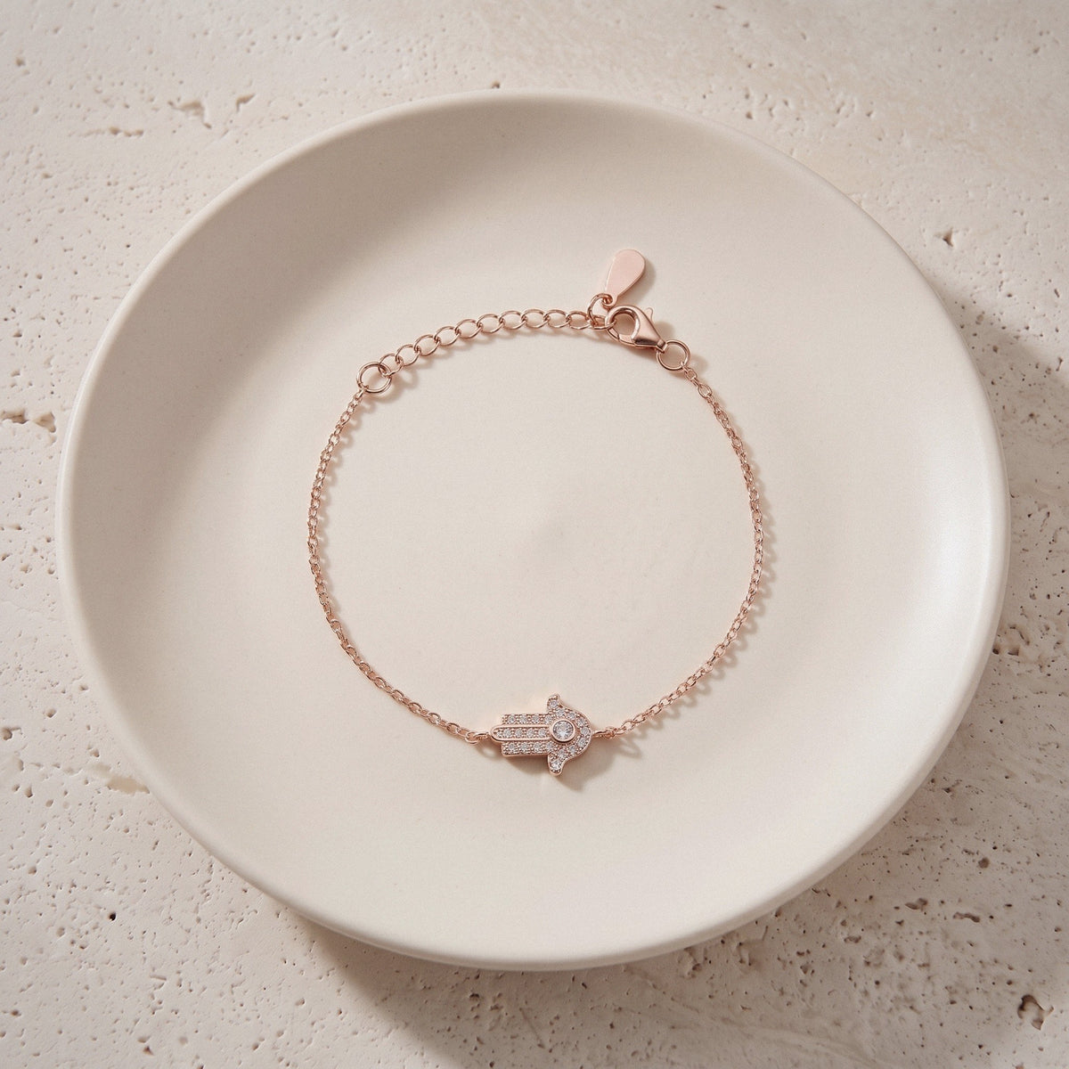 Hamsa Bracelet in 925 Sterling Silver, Pavé Cubic Zirconia Charm - Rose Gold
