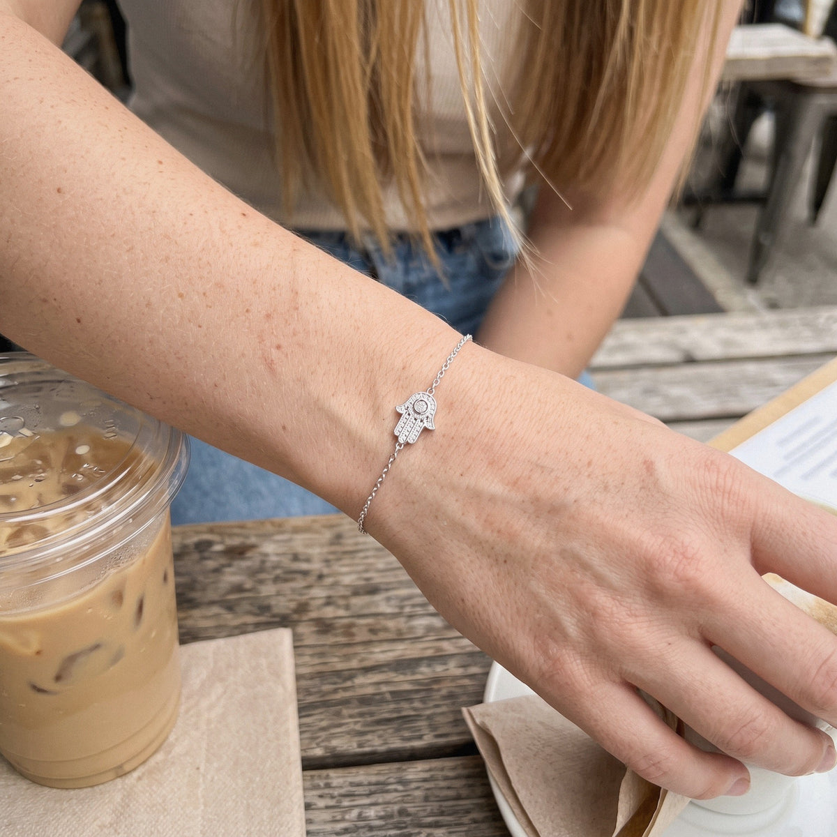 Hamsa Bracelet in 925 Sterling Silver, Pavé Cubic Zirconia Charm - everyday wear