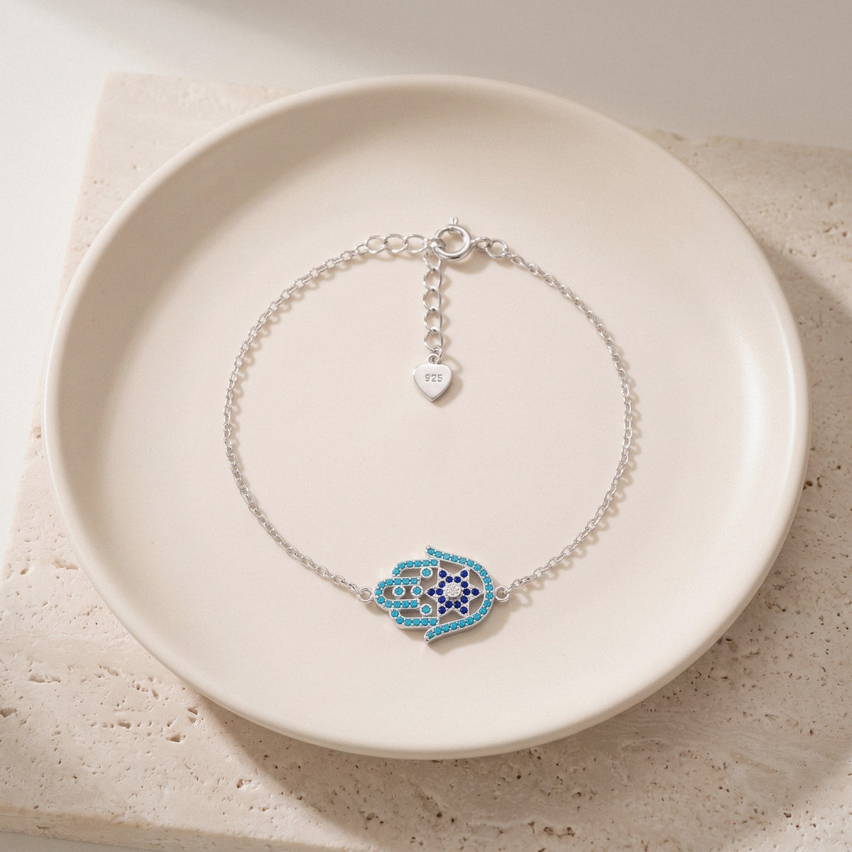 Hamsa Bracelet in 925 Sterling Silver, Turquoise & Blue Crystal