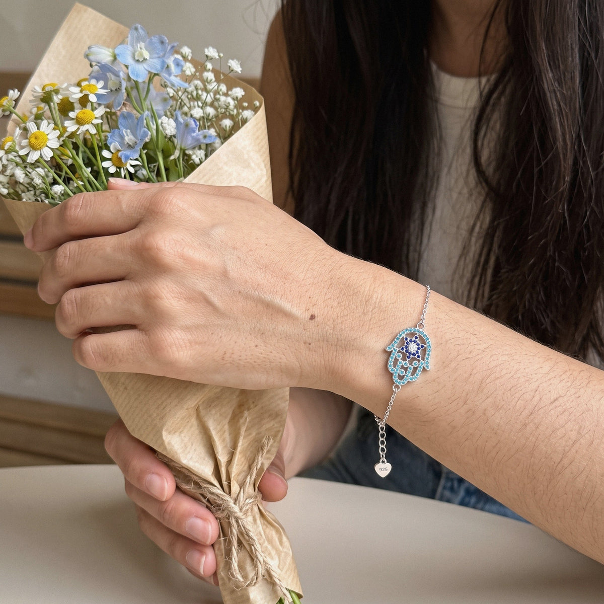 Hamsa Bracelet in 925 Sterling Silver, Turquoise & Blue Crystal - everyday wear