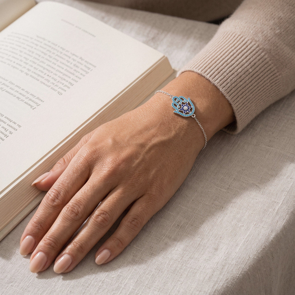 Hamsa Bracelet in 925 Sterling Silver, Turquoise & Blue Crystal - worn