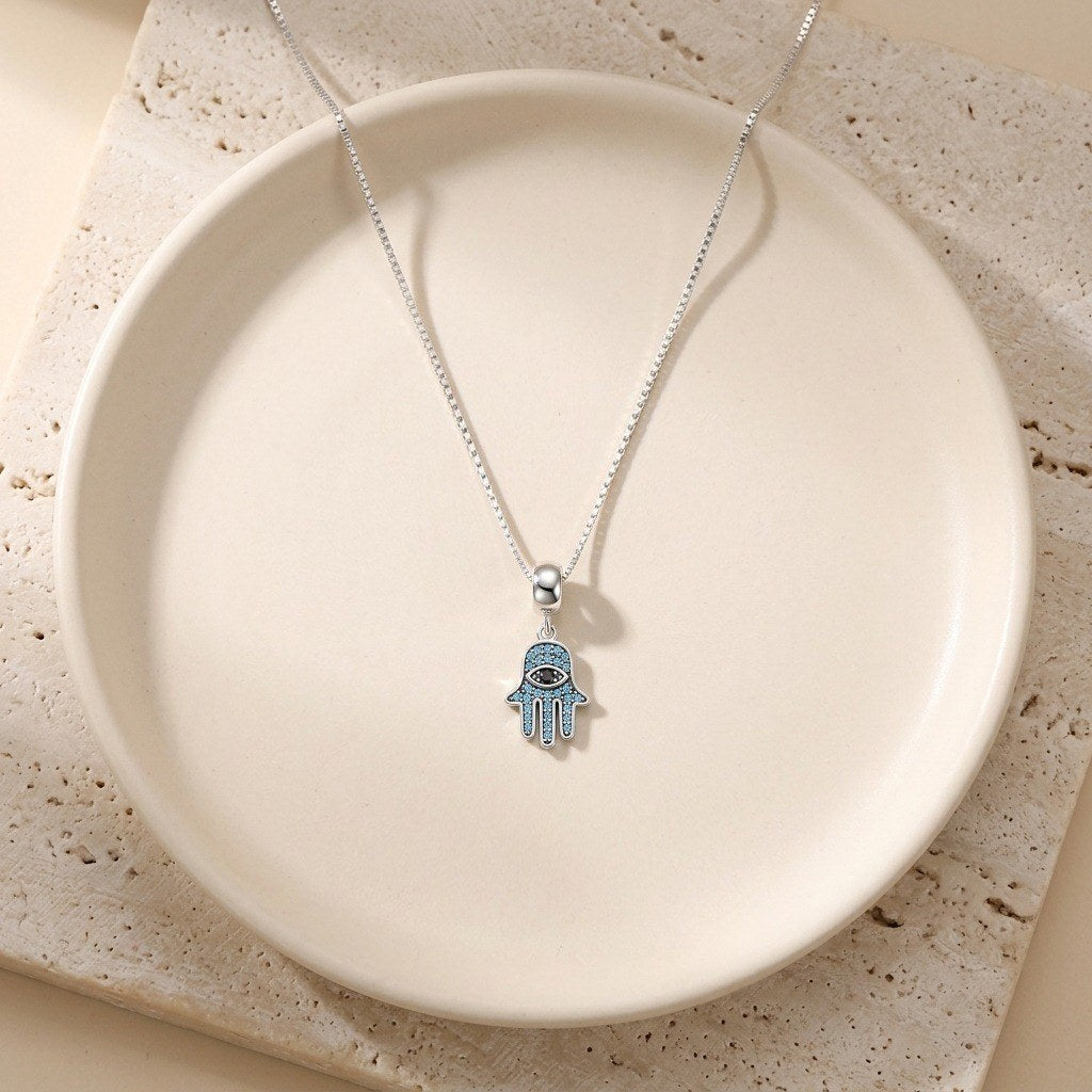 Hamsa Charm Necklace in 925 Sterling Silver, Blue Crystal Evil Eye