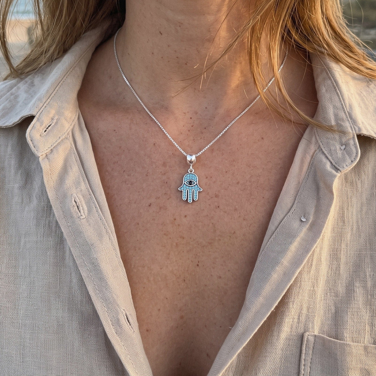Hamsa Charm Necklace in 925 Sterling Silver, Blue Crystal Evil Eye - everyday wear