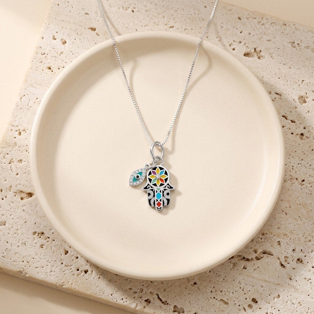 Hamsa Charm Necklace in 925 Sterling Silver, Colorful Enamel & Evil Eye