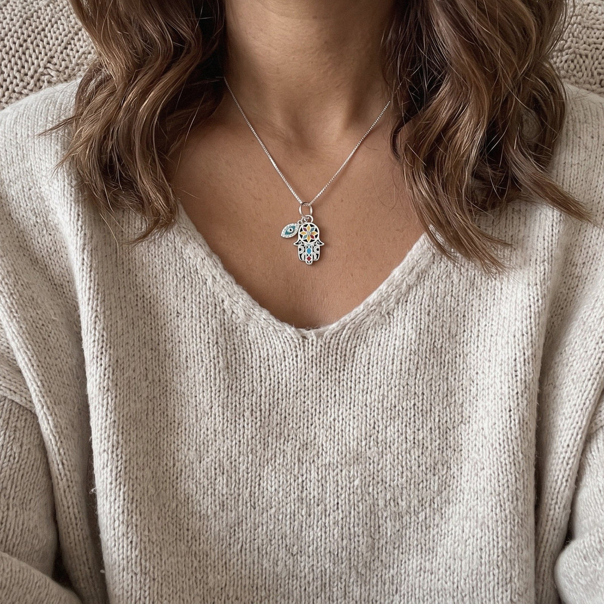Hamsa Charm Necklace in 925 Sterling Silver, Colorful Enamel & Evil Eye - everyday wear