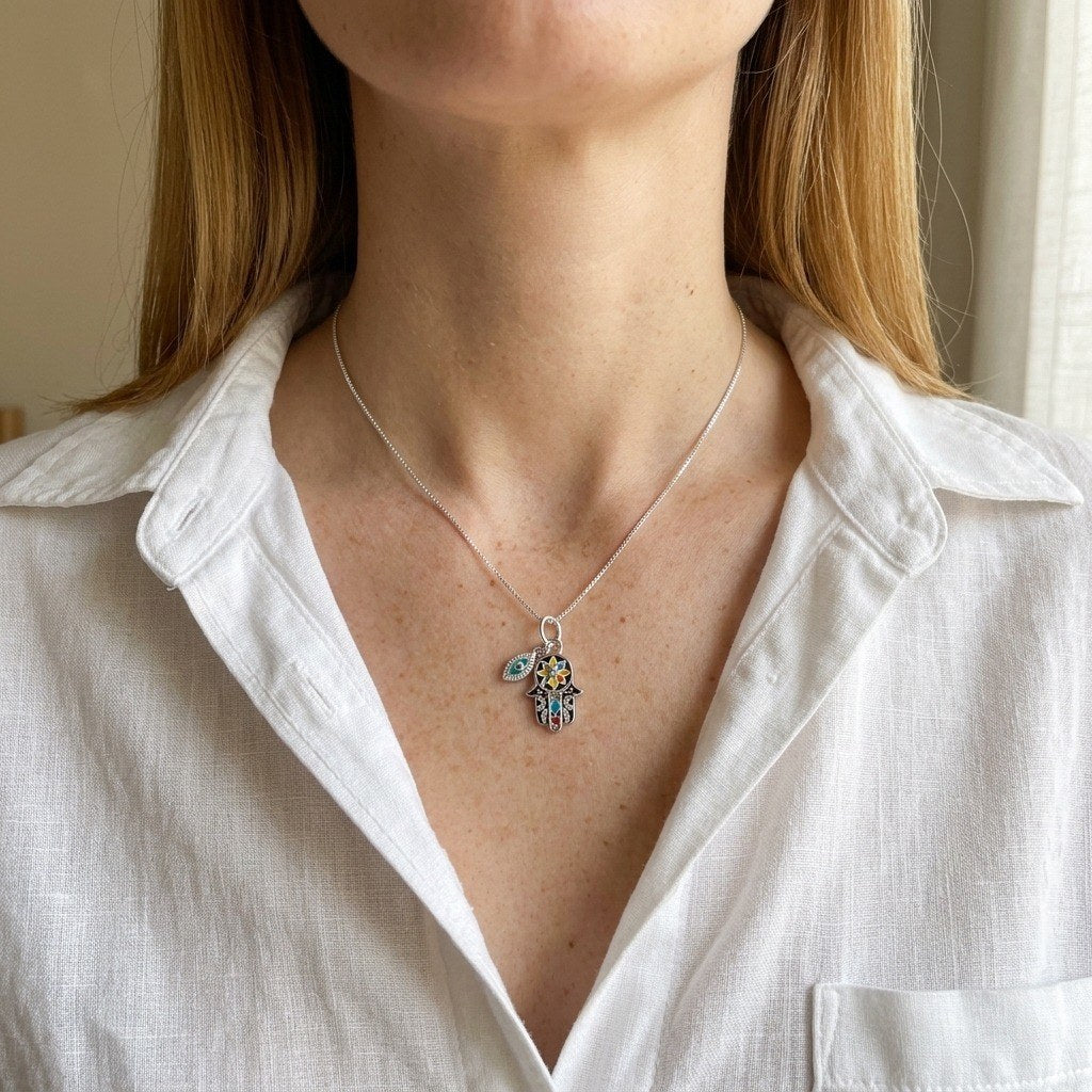 Hamsa Charm Necklace in 925 Sterling Silver, Colorful Enamel & Evil Eye - worn