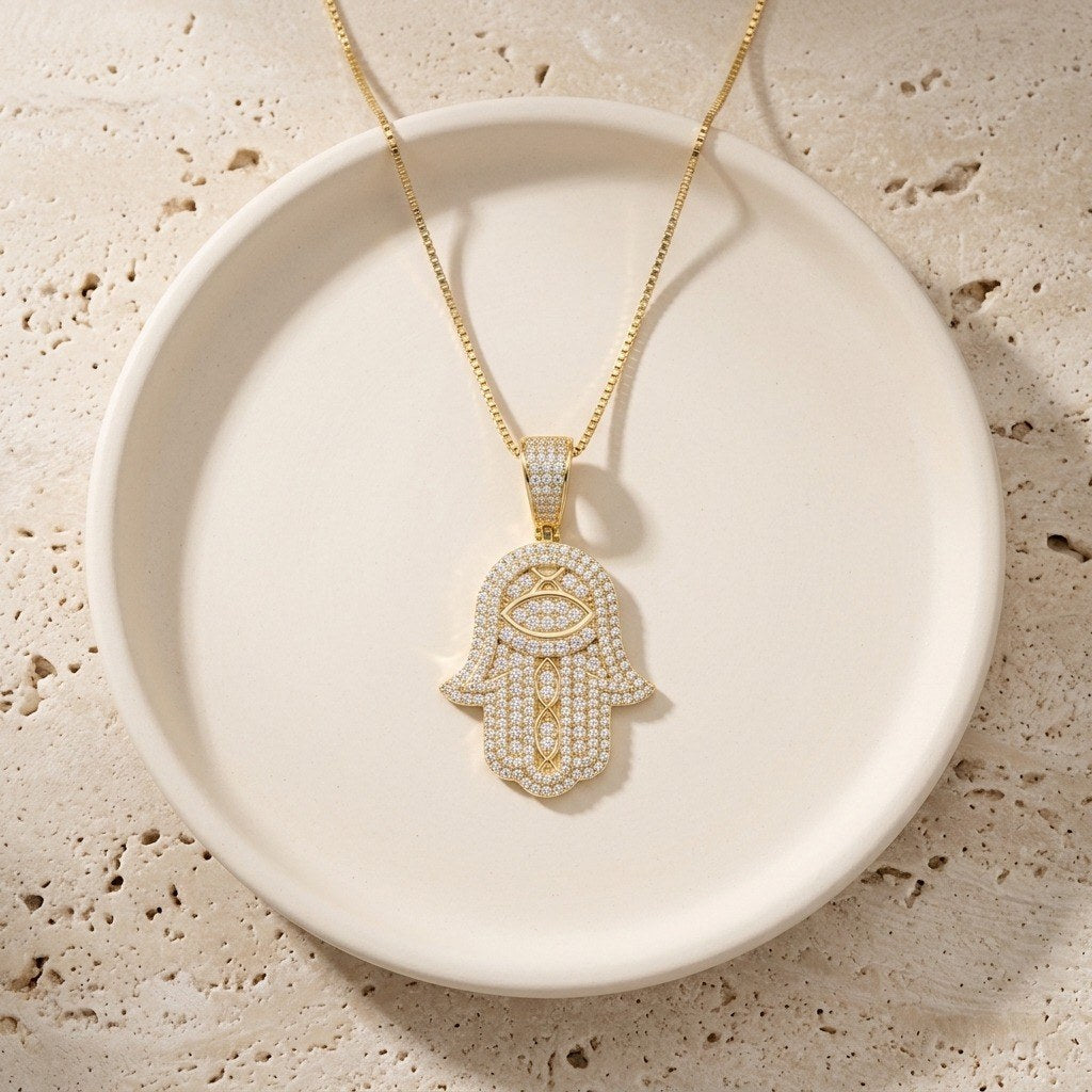 Hamsa Hand Necklace with Pavé Moissanite in Gold Plated 925 Sterling Silver, Evil Eye