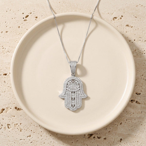 Hamsa Hand Necklace with Pavé Moissanite in 925 Sterling Silver, Evil Eye