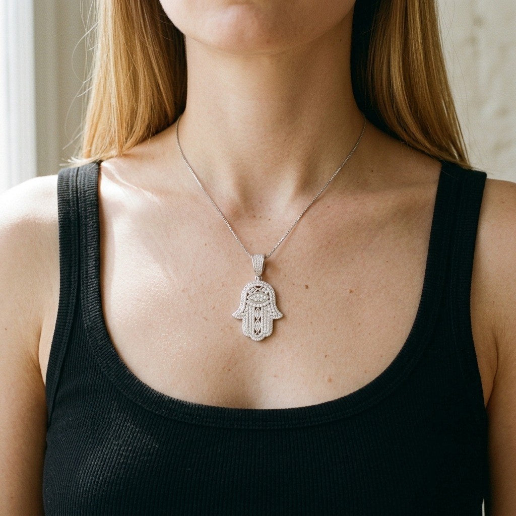 Hamsa Hand Necklace with Pavé Moissanite in 925 Sterling Silver, Evil Eye - worn