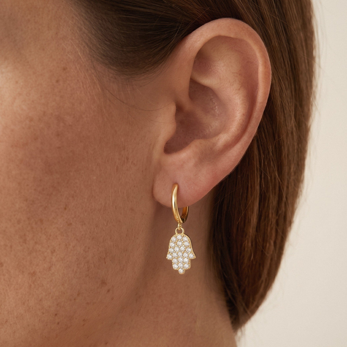 Hamsa Hoop Earrings in 925 Sterling Silver, Pavé Cubic Zirconia - Gold