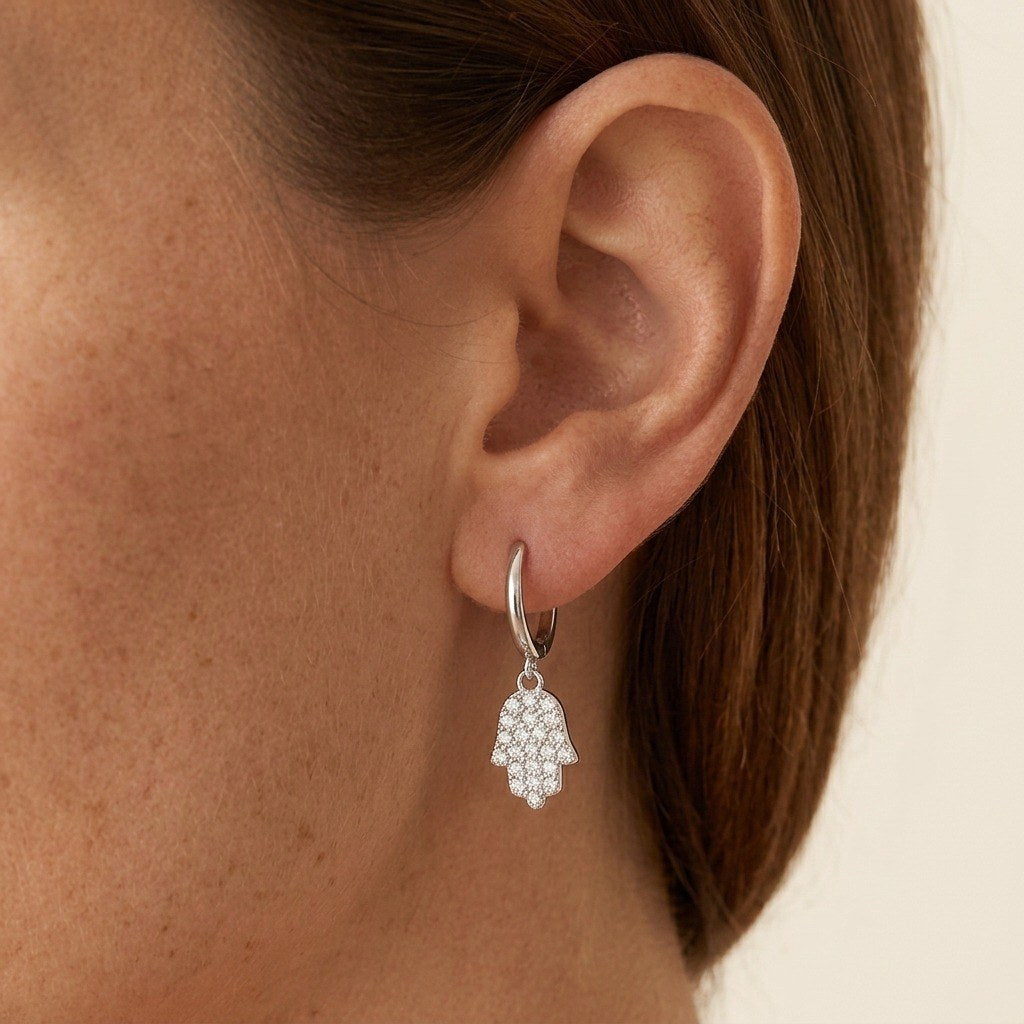 Hamsa Hoop Earrings in 925 Sterling Silver, Pavé Cubic Zirconia - worn on the ear