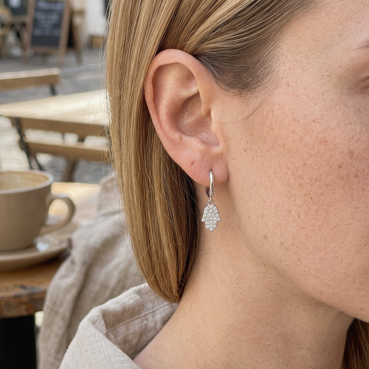 Hamsa Hoop Earrings in 925 Sterling Silver, Pavé Cubic Zirconia - everyday wear