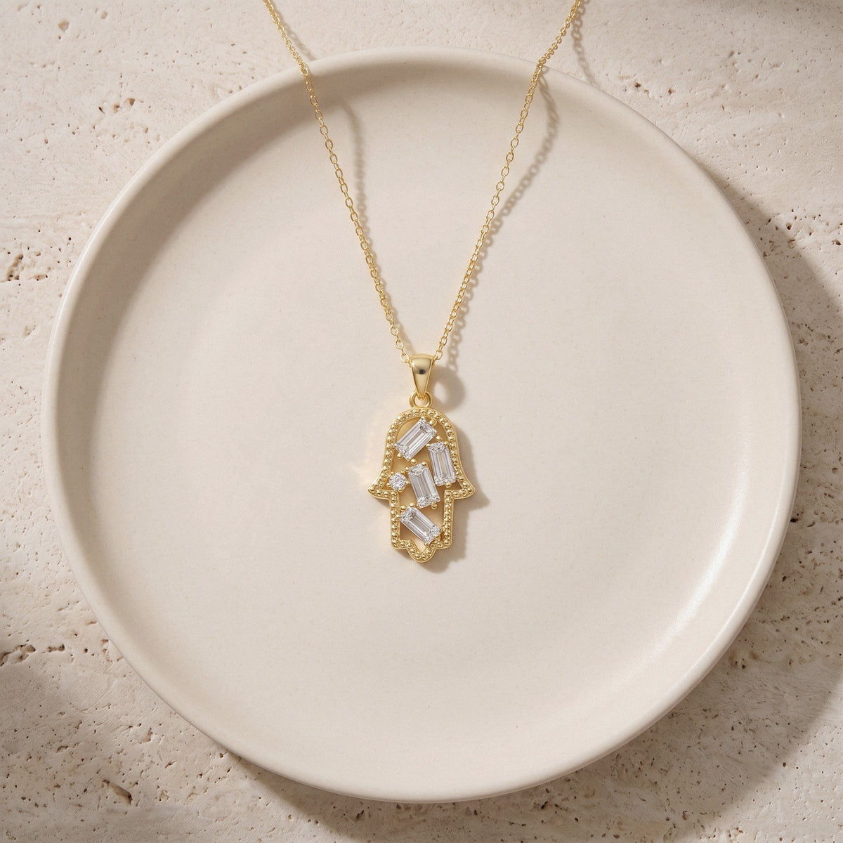 Hamsa Necklace in Gold Plated 925 Sterling Silver, Dainty Pavé