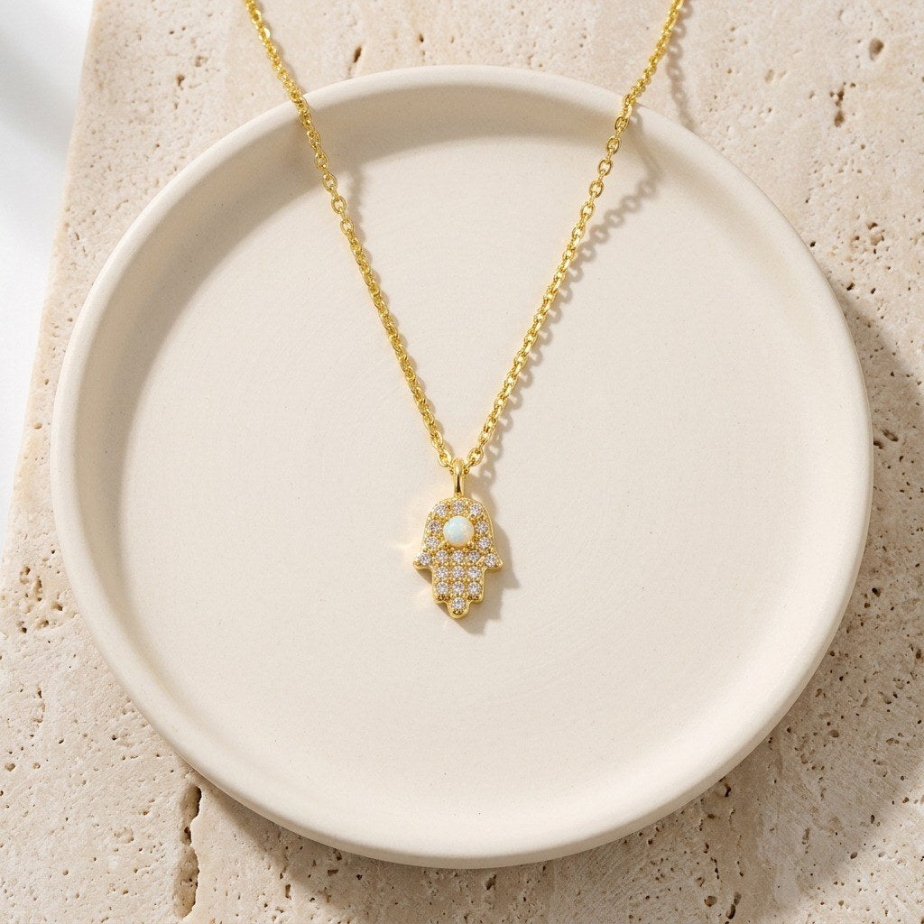 Hamsa Necklace with Opal in 925 Sterling Silver, Mini Pavé Hand - Gold