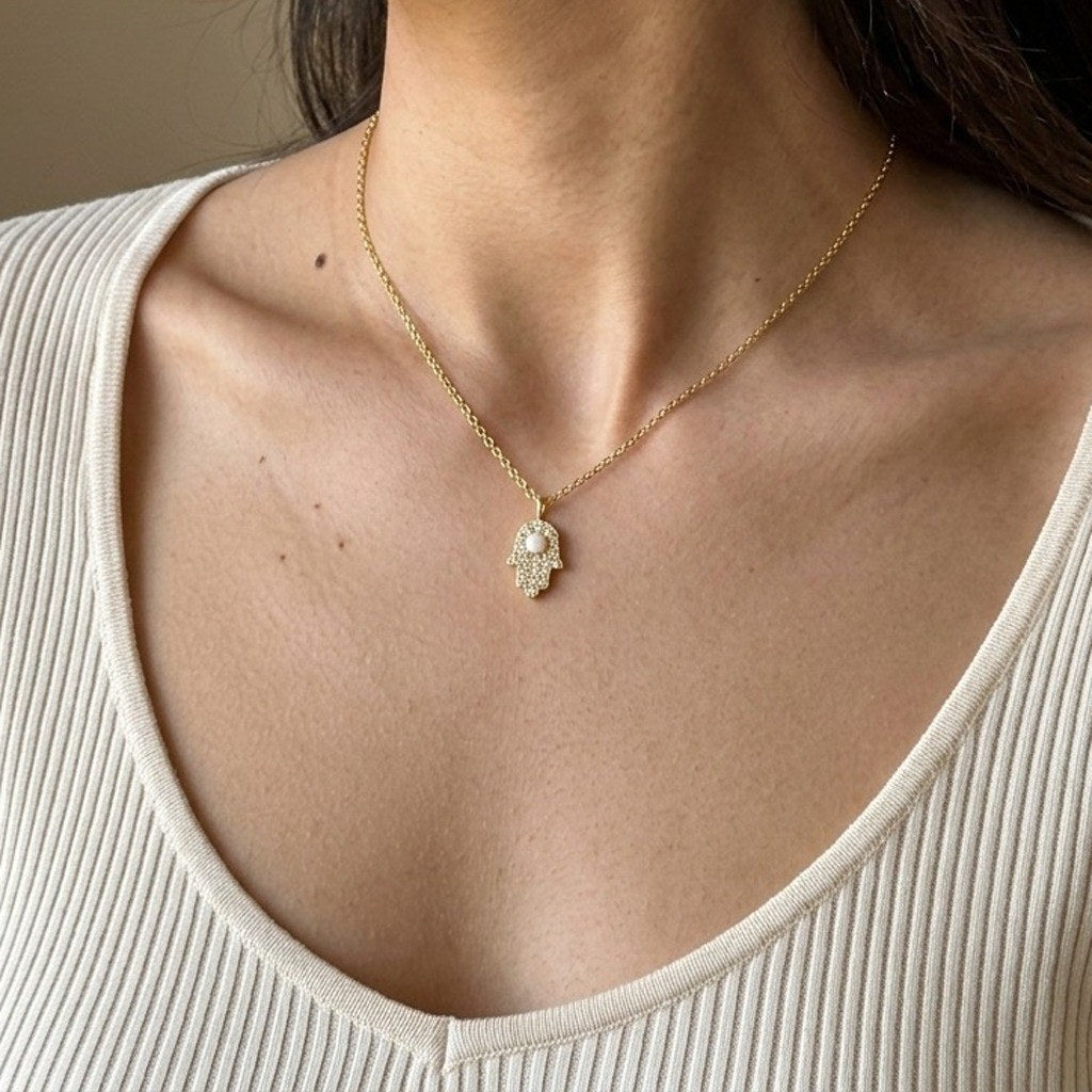Hamsa Necklace with Opal in 925 Sterling Silver, Mini Pavé Hand - worn