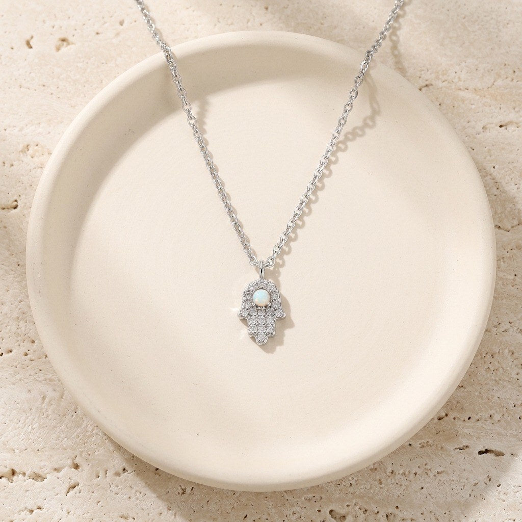 Hamsa Necklace with Opal in 925 Sterling Silver, Mini Pavé Hand - Silver