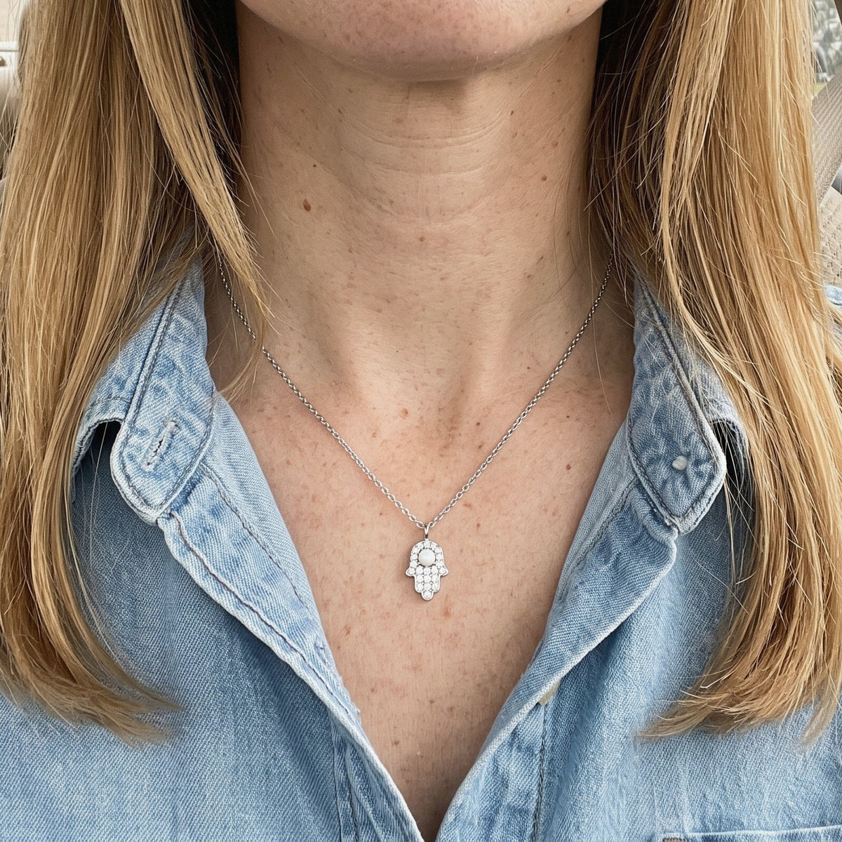 Hamsa Necklace with Opal in 925 Sterling Silver, Mini Pavé Hand - everyday wear