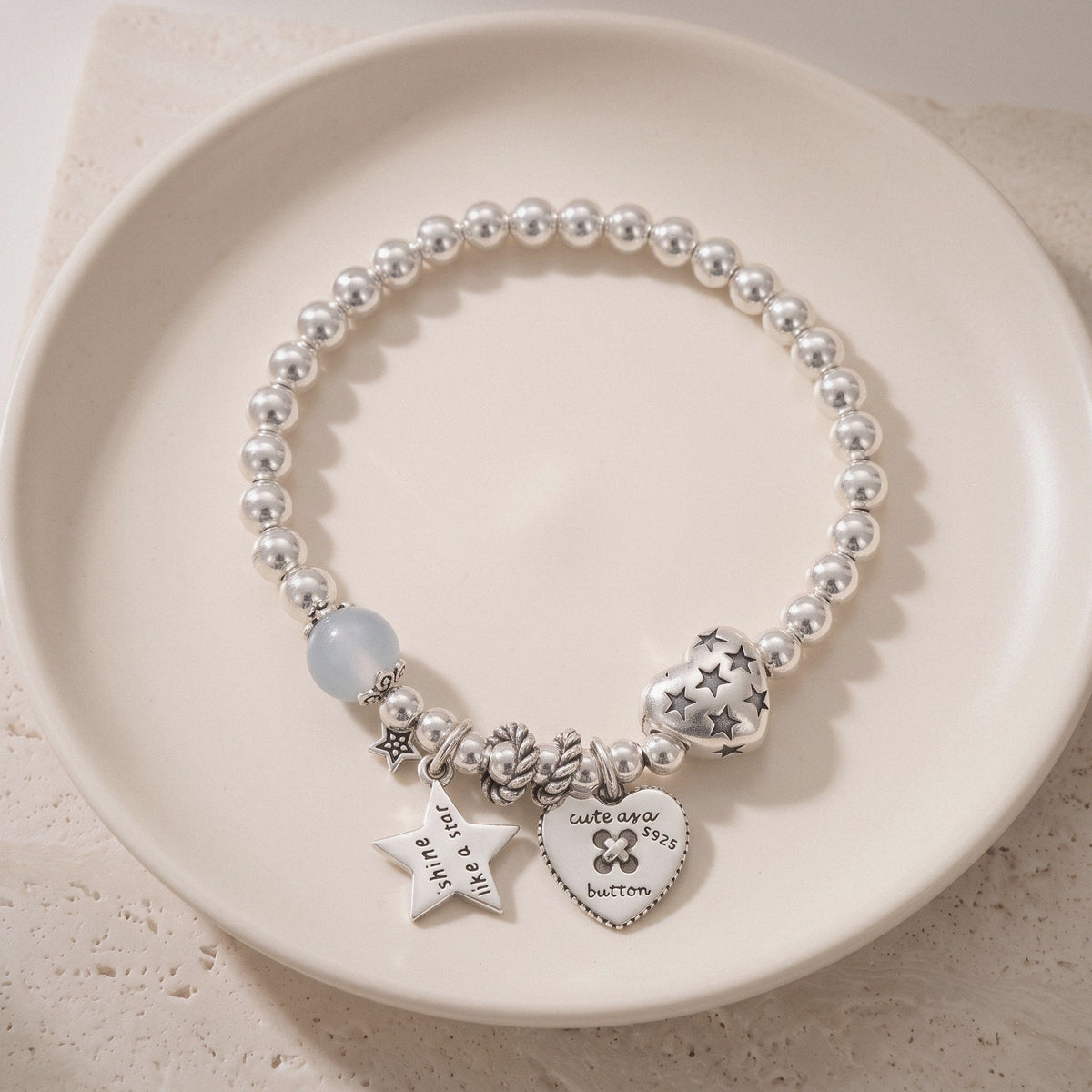 Heart & Star Beaded Bracelet in 925 Sterling Silver