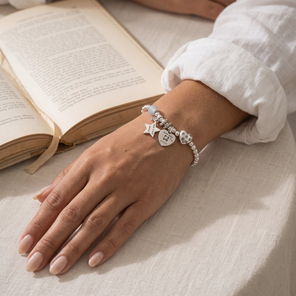 Heart & Star Beaded Bracelet in 925 Sterling Silver - worn