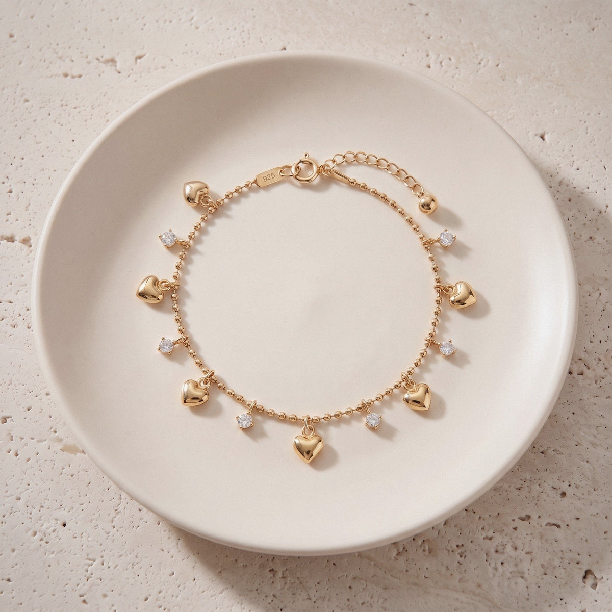 Heart Charm Bracelet in Gold Plated 925 Sterling Silver, Crystal Drops