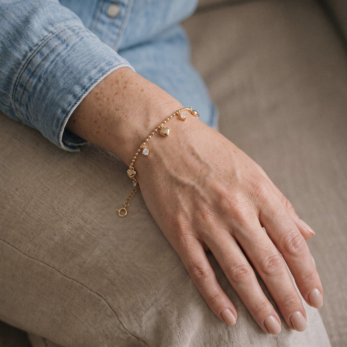 Heart Charm Bracelet in Gold Plated 925 Sterling Silver, Crystal Drops - worn