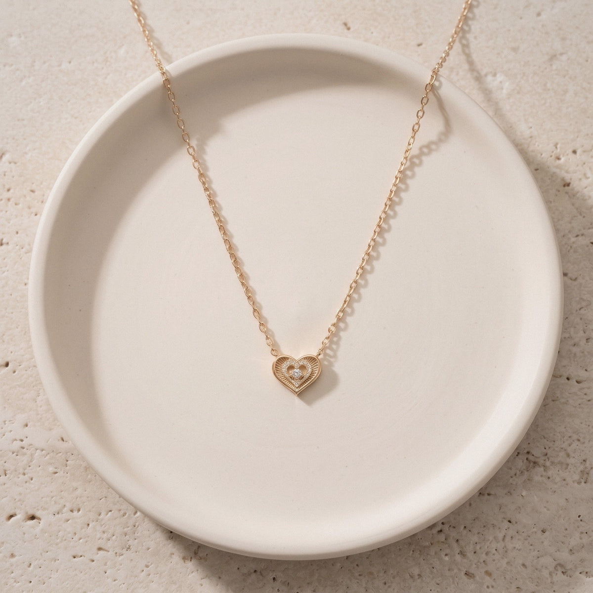 Heart Necklace in 925 Sterling Silver, Laser-Cut Pavé Heart - Champagne Gold