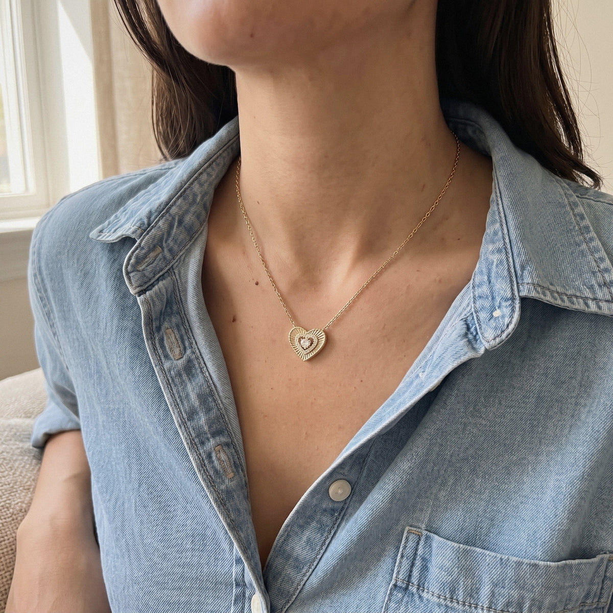 Heart Necklace in 925 Sterling Silver, Laser-Cut Pavé Heart - worn