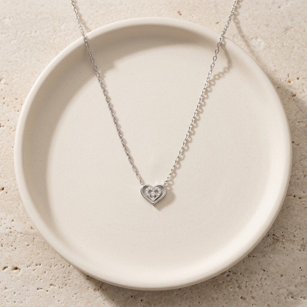 Heart Necklace in 925 Sterling Silver, Laser-Cut Pavé Heart - Silver