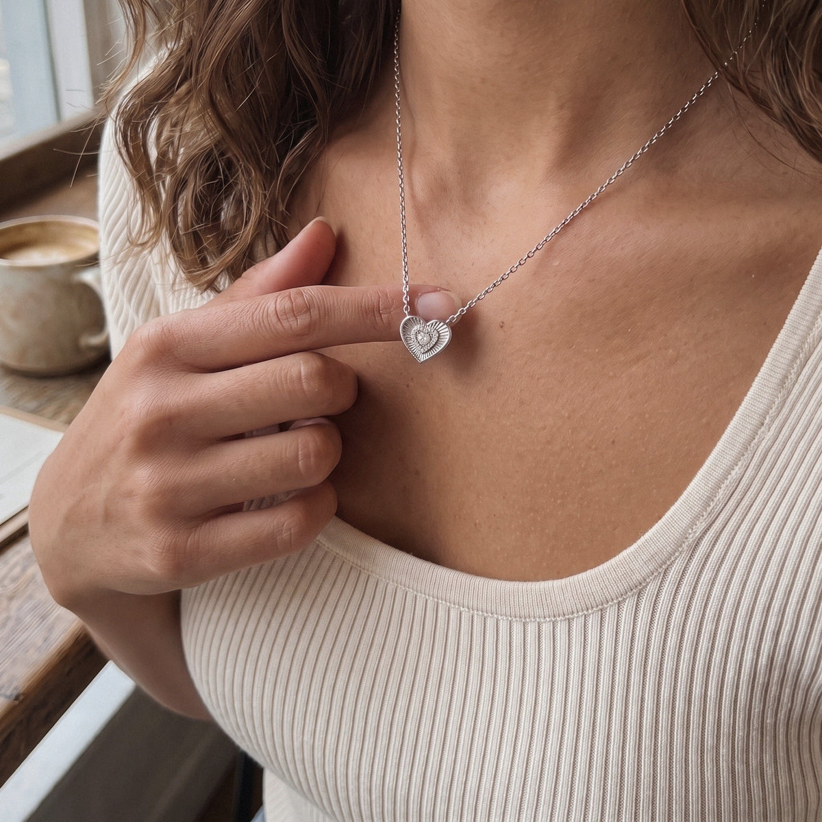 Heart Necklace in 925 Sterling Silver, Laser-Cut Pavé Heart - everyday wear