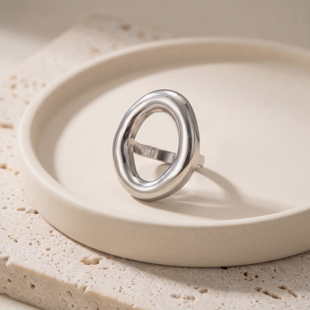Large Hollow Oval Ring in Gold-Plated or Silver Stainless Steel - Silver