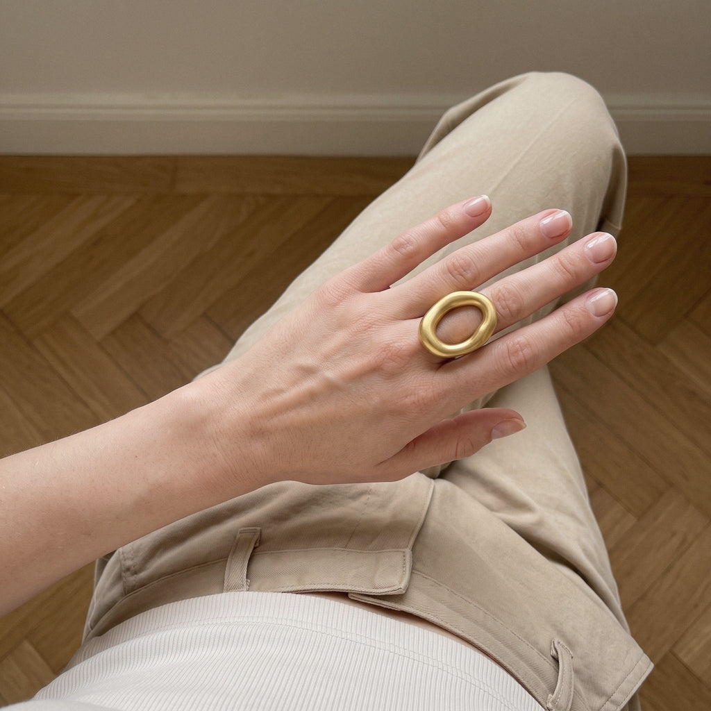 Large Hollow Oval Ring in Gold-Plated or Silver Stainless Steel - worn