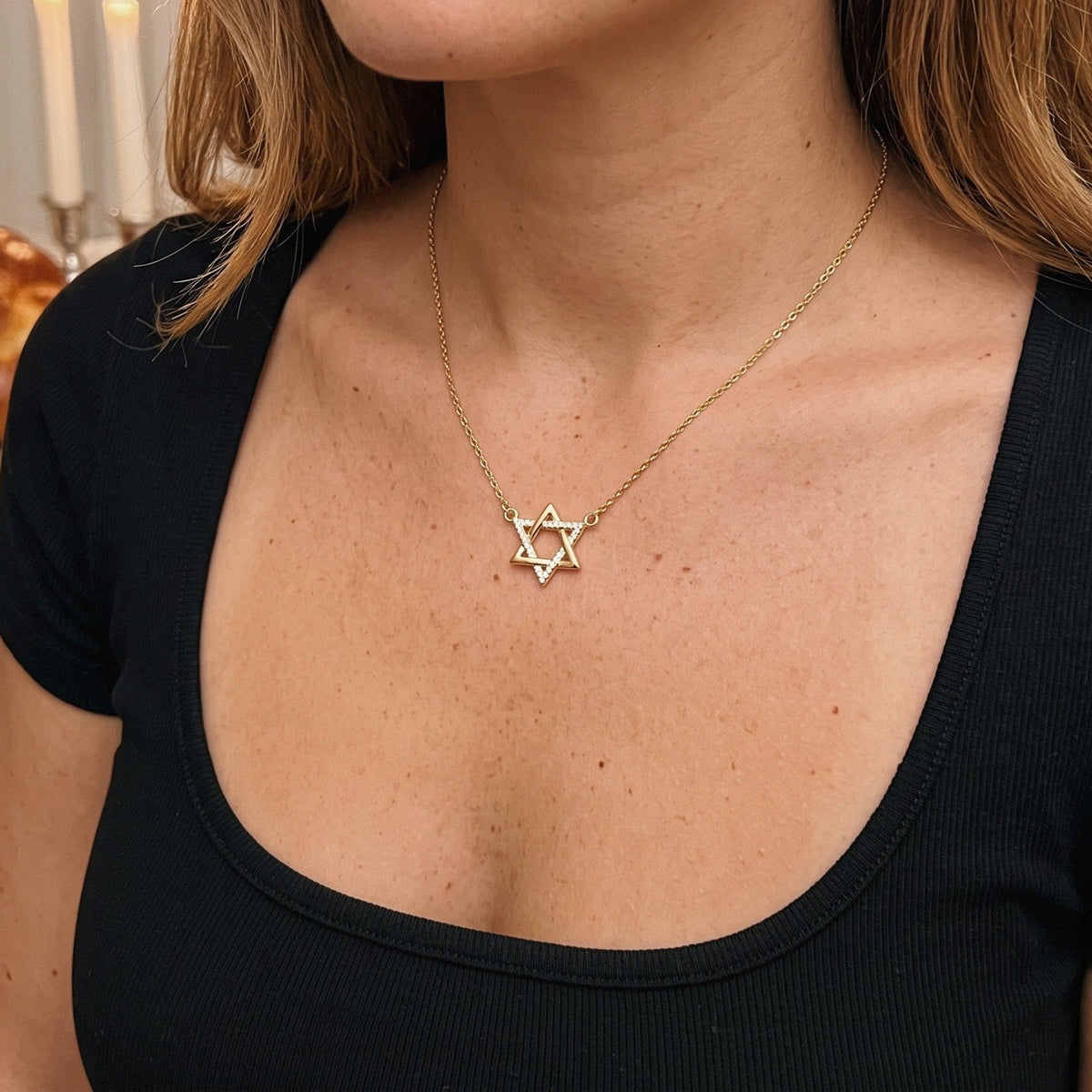 Interlocked Star of David Necklace in 925 Sterling Silver - Gold, Pavé - everyday wear