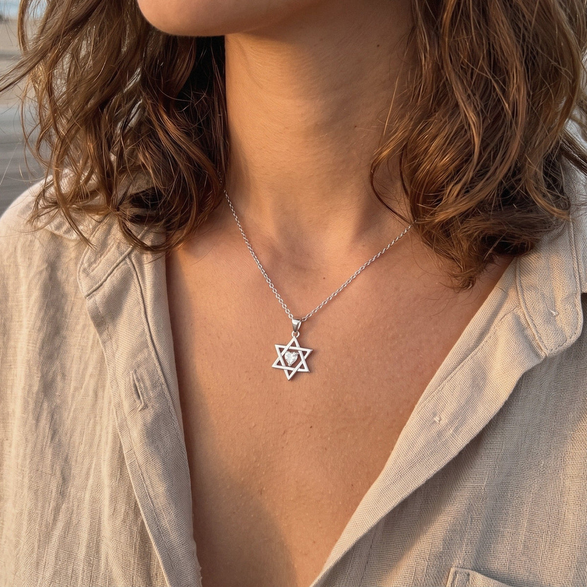 Petite Star of David Necklace in 925 Sterling Silver - Silver, Heart Stone - everyday wear