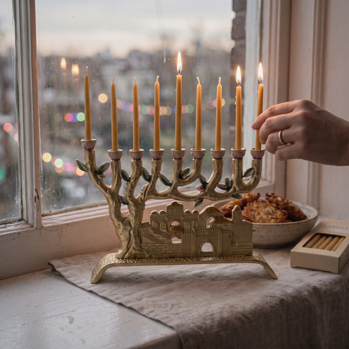 Jerusalem Old City Hanukkah Menorah, Gold-Tone, 14 cm Tall - at home