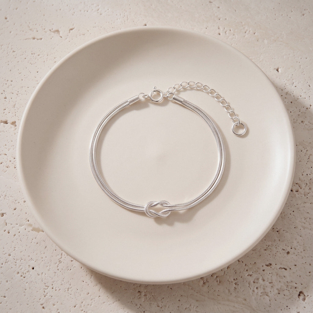 Knotted Snake Chain Bracelet in 925 Sterling Silver, Double Strand