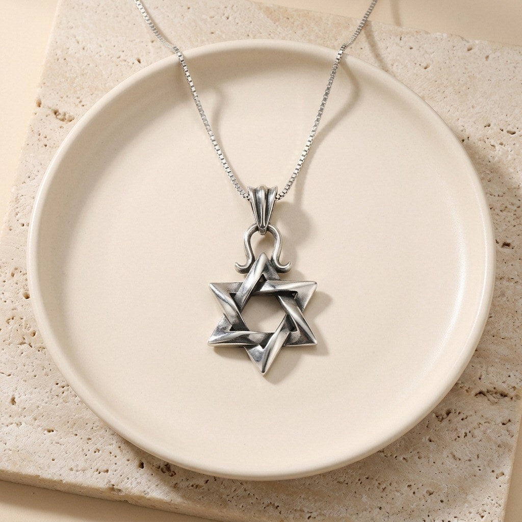 Men's 3D Star of David Necklace in 925 Sterling Silver, Interlocked Design, 18 Inch Chain