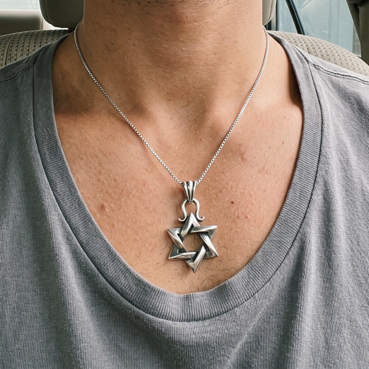 Men's 3D Star of David Necklace in 925 Sterling Silver, Interlocked Design, 18 Inch Chain - everyday wear