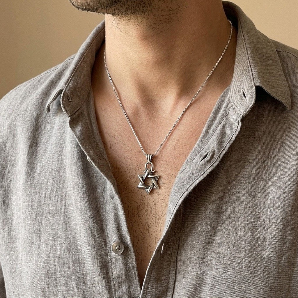 Men's 3D Star of David Necklace in 925 Sterling Silver, Interlocked Design, 18 Inch Chain - worn