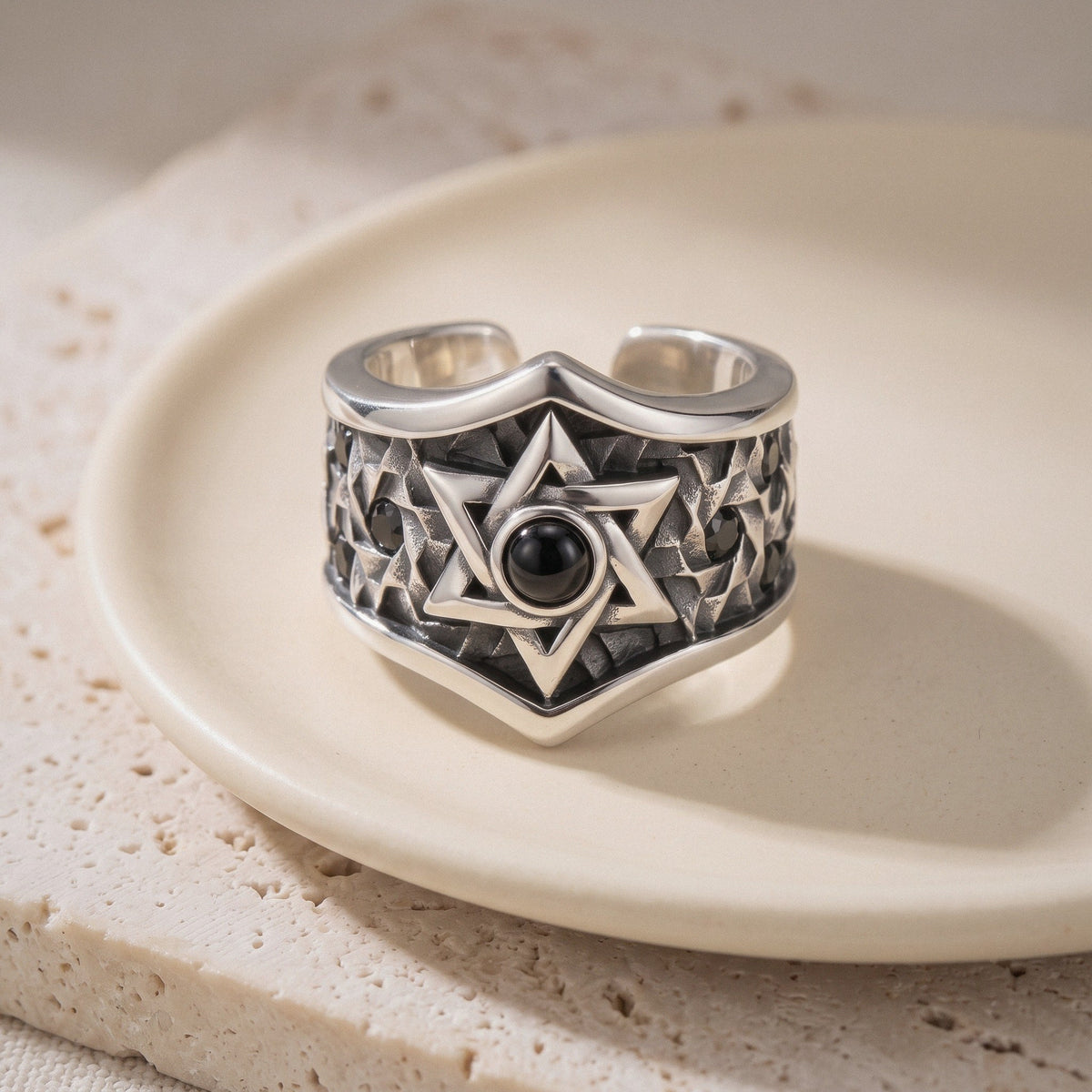 Men's Star of David Ring in 925 Sterling Silver, Oxidized Wide Band