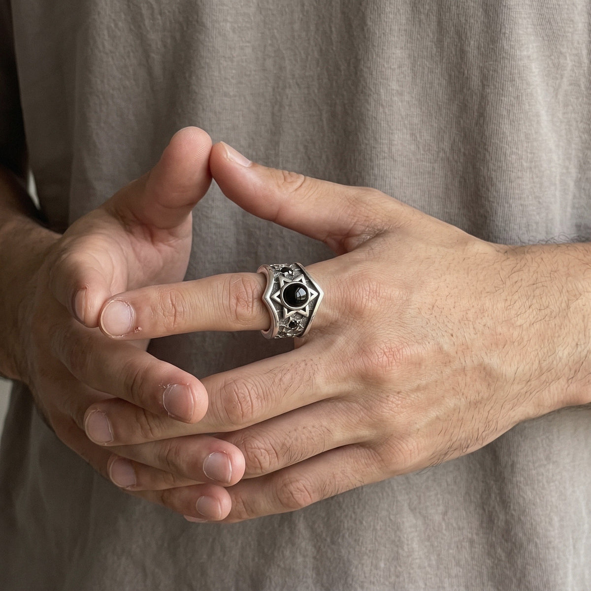 Men's Star of David Ring in 925 Sterling Silver, Oxidized Wide Band - worn