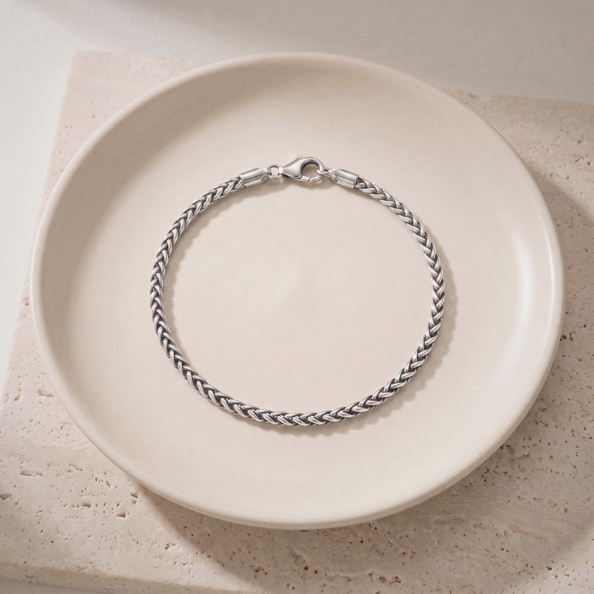 Men's Wheat Chain Bracelet in 925 Sterling Silver, Woven Link - Bright