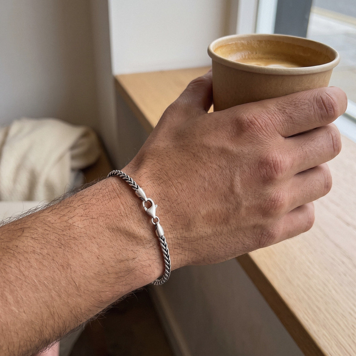 Men's Wheat Chain Bracelet in 925 Sterling Silver, Woven Link - everyday wear