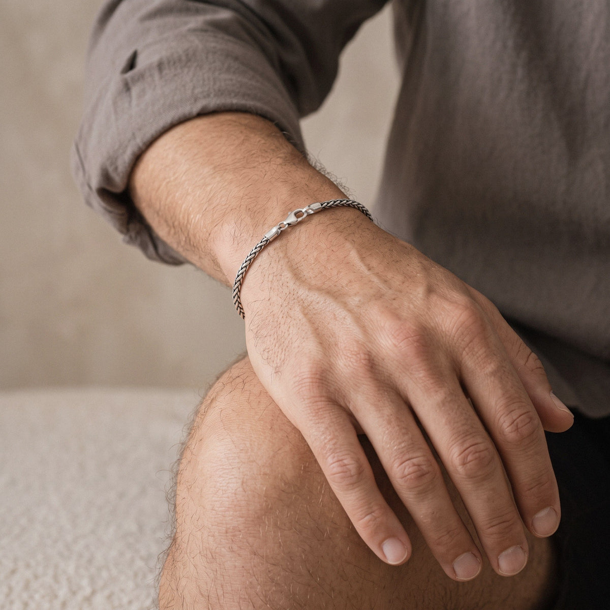 Men's Wheat Chain Bracelet in 925 Sterling Silver, Woven Link - worn