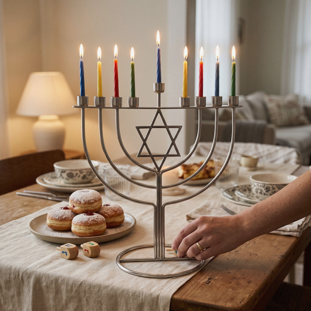 Modern Silver-Tone Star of David Hanukkah Menorah, 21 cm Tall - at home
