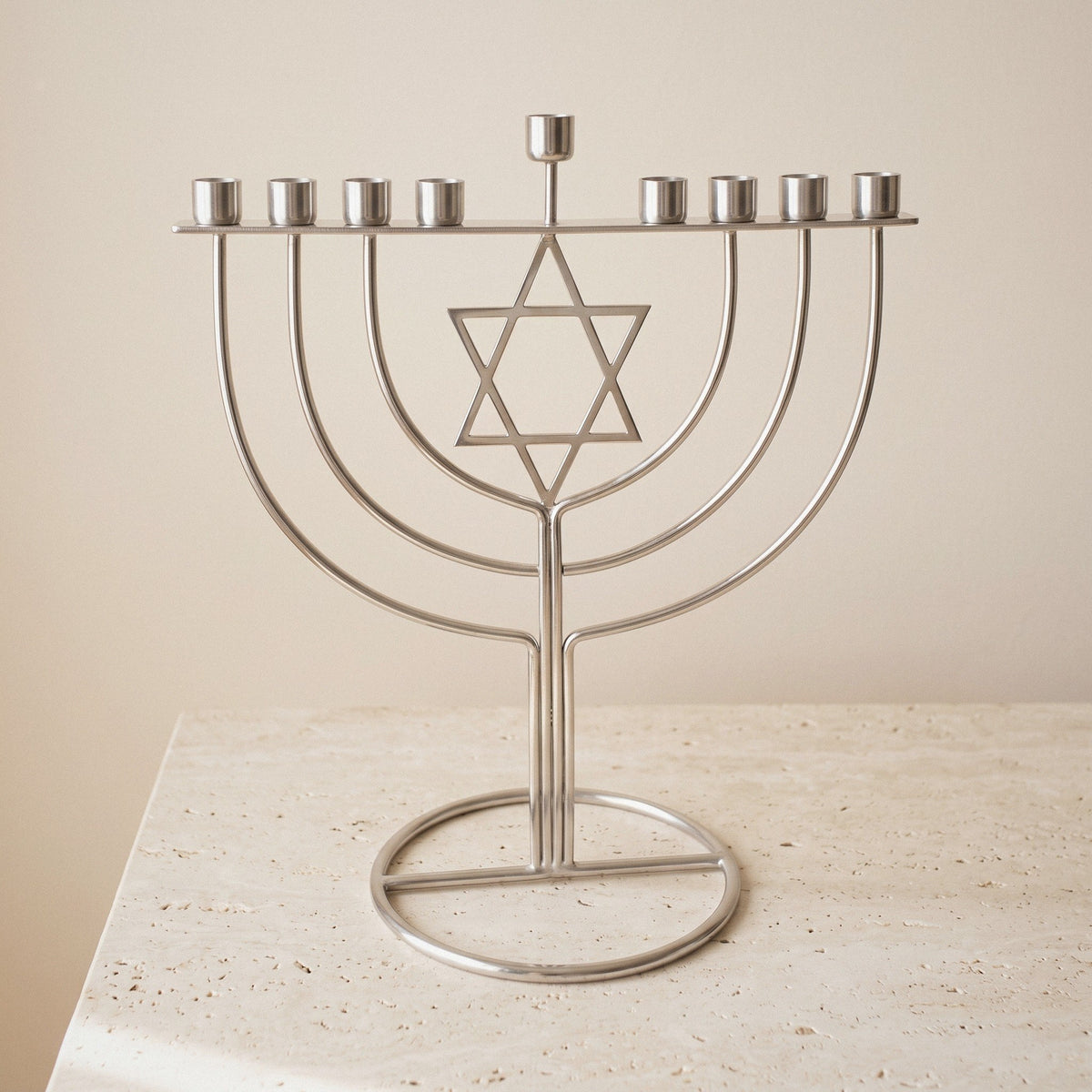 Modern Silver-Tone Star of David Hanukkah Menorah, 21 cm Tall