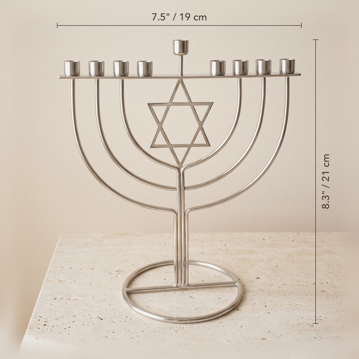 Modern Silver-Tone Star of David Hanukkah Menorah, 21 cm Tall - size and dimensions